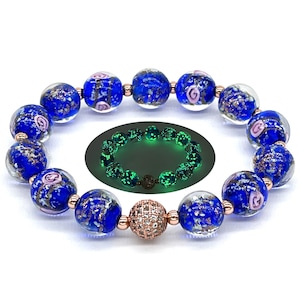 Sapphire Blue Glow in the Dark Firefly Beads Bracelet, Healing Crystal Glow Murano Glass Beads, Mermaid Moonstone Beaded Stretch Bracelet