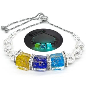 Glow in the Dark Firefly Beads Bracelet, Cube Murano Glass Beads Luminous Healing Crystal Beaded Bracelets Adjustable Slider Bracelet Bangle