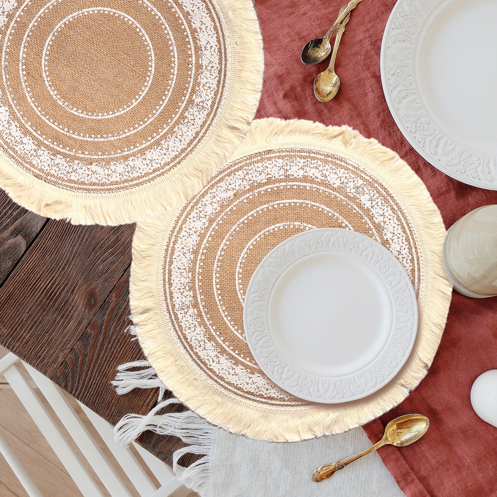 Set of 4 Round Burlap Placemats 15 Boho Placemats with Etsy