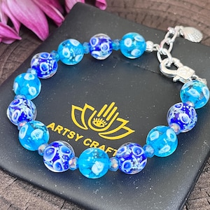 Glow in The Dark Firefly Beads Bracelet, Handmade in USA, Jellyfish Luminous Murano Glass Beads Jewelry Mermaid Crystal Inspirational Gift