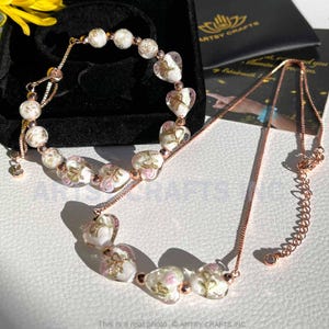 Bracelet + Necklace Set, Heart Shaped Glow in the Dark Firefly Beads Jewelry, Luminous Murano Glass Jewelry Glow Beads Adjustable Bangle