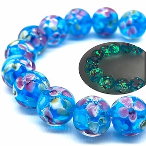12 Pcs 12mm Glow in The Dark Glass Beads - Blue Lily, Murano Glass Luminous Glow Bead Charm Pendant loose Beads for Bracelet Earrings Making