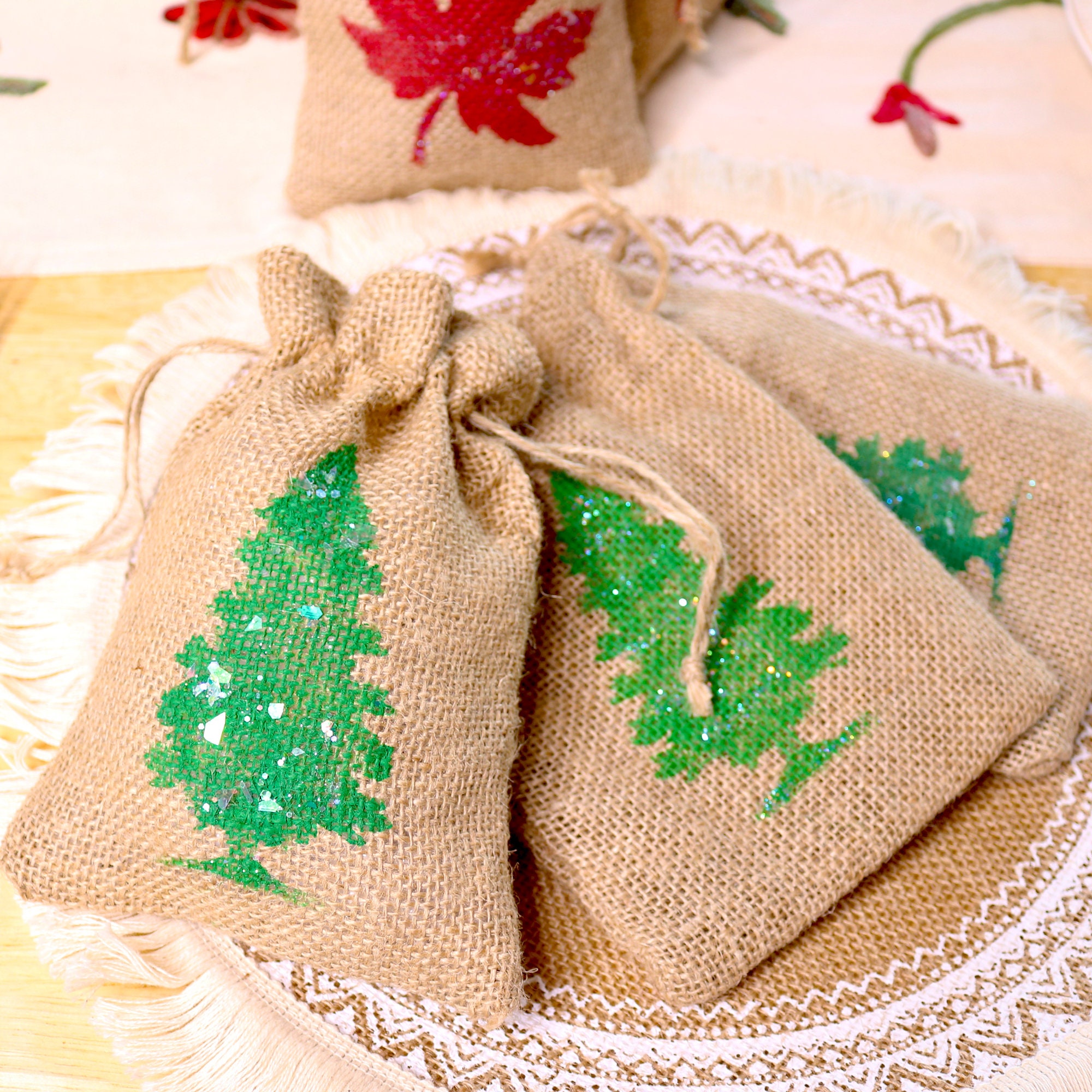 6 Pcs 5x7 Christmas Tree Burlap Drawstring Bags Natural Etsy