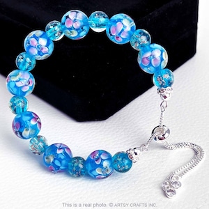 ARTSY Crafts Lily Flower Glow in the Dark Firefly Beads Bracelets, Adjustable Murano Glass Beads Jewelry for Women Stackable Bangles