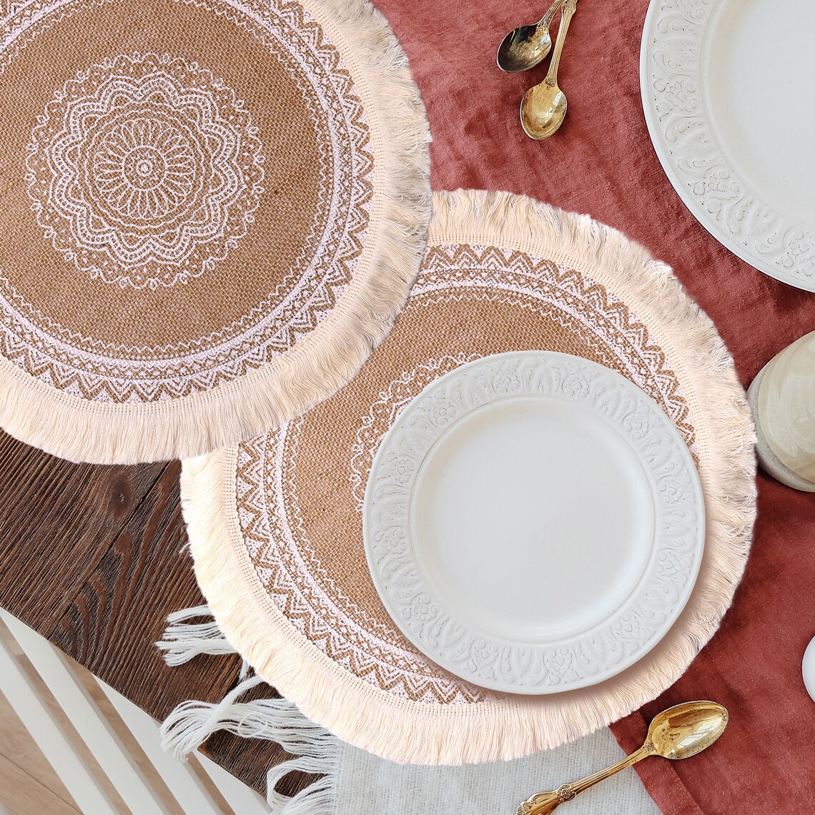 Set of 4 Round Burlap Placemats 15 Boho Placemats with Etsy