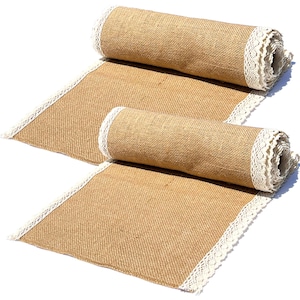 Clearance - Pack of 2 - 13x108" Burlap Table Runner with Cotton Crochet Lace, 100% Natural Jute Table Runners