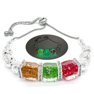 Glow in the Dark Firefly Beads Bracelet, Cube Murano Glass Beads Luminous Healing Crystal Beaded Bracelets Adjustable Slider Bracelet Bangle