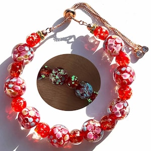 ARTSY Crafts Lily Flower Glow in the Dark Firefly Beads Bracelets, Adjustable Murano Glass Beads Jewelry for Women Stackable Bangles