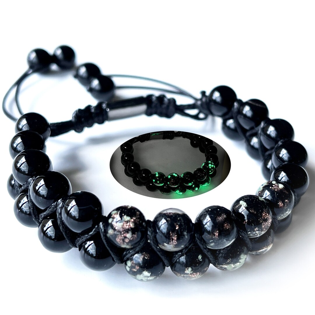 Black Glow in the Dark Firefly Beads + Black Agate Quartz Macrame ...