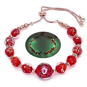 Red Glow in the Dark Firefly Beads Bracelets, Murano Glass Beads Slider Chain Bracelet Mermaid Moonstone Glow Firefly Beaded Jewelry