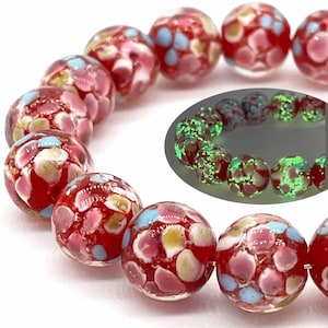 12 Pcs 12mm Glow in The Dark Glass Beads - Red Lily, Murano Glass Luminous Glow Beads Charm Pendant loose Beads for Bracelet Earrings Making