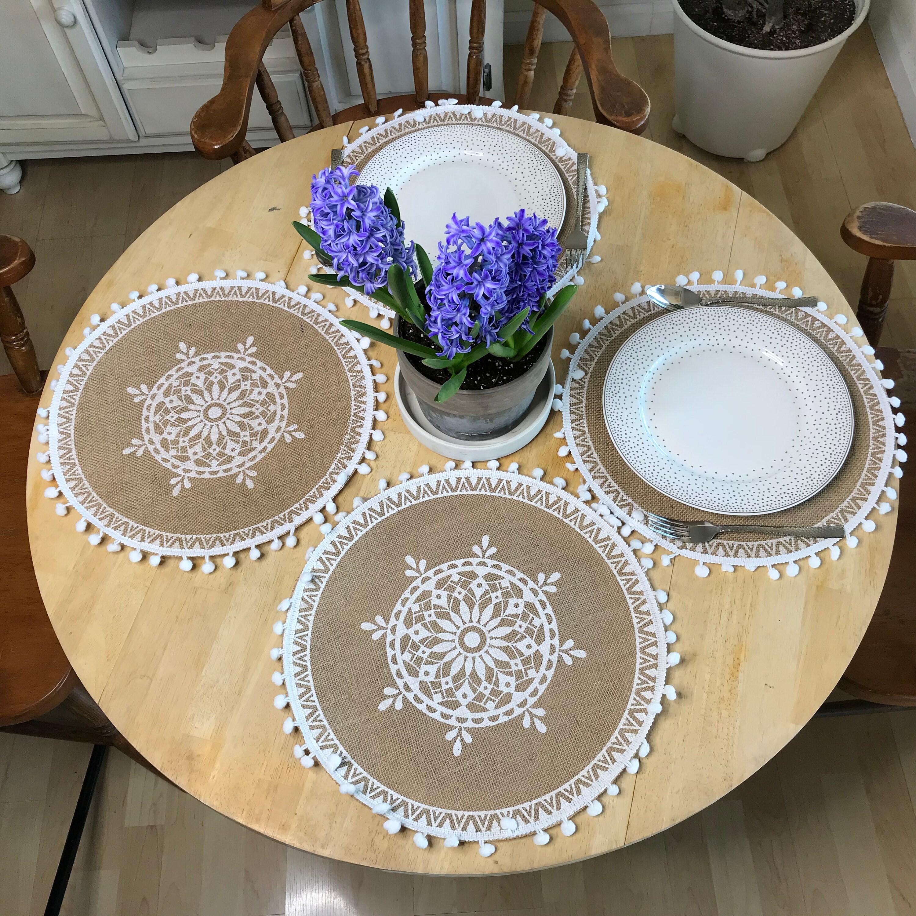 Set of 8 Round Placemats With Pom Pom 14 Burlap Etsy