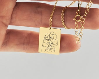 Collar de dibujo de arte de línea personalizado, collar de oro de 14K de la foto, regalo personalizado de aniversario de boda de oro de 14K, regalo de pareja personalizado, regalo de mamá
