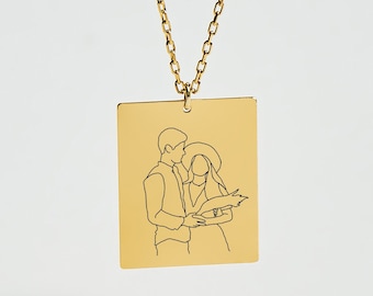 Couple Portrait Anniversary Gift,  Custom Line Art Drawing Necklace, 14K gold Necklace from photo