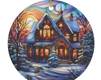 Christmas Ceramic ornaments, Christmas House ornament, Stained Glass Christmas ornament, Stained Glass House ornament