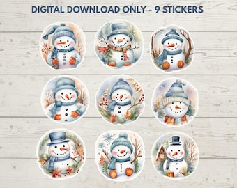 Snowman Stickers, Digital, Print and Cut, PNG