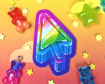 May include: A rainbow-colored 3D arrow cursor charm with a white background. The charm is surrounded by small yellow stars and gummy bear charms.
