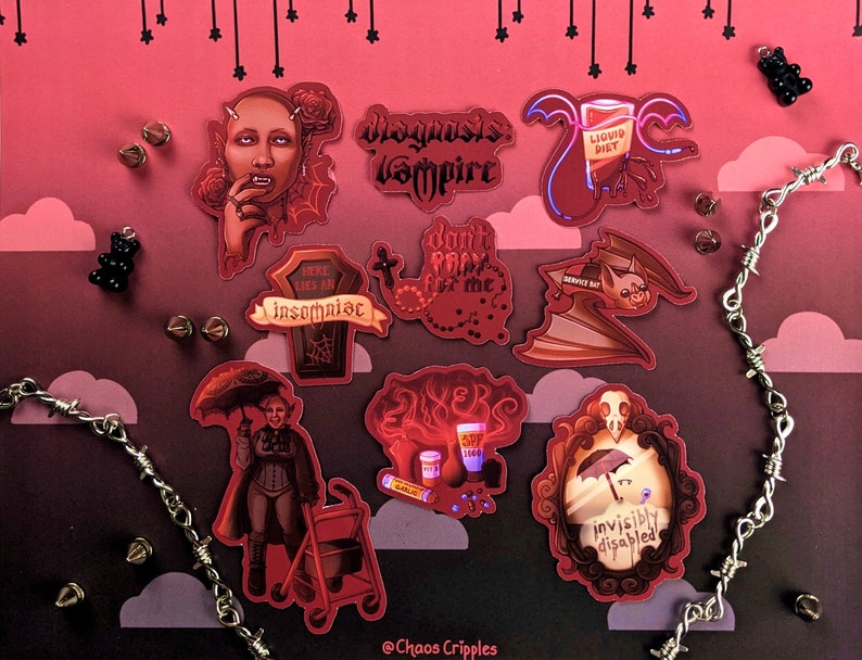 May include: A set of nine red and black stickers with various designs and text. The stickers feature a vampire, a bat, a coffin, a person with an umbrella, and a person with a walker. The text on the stickers includes "Diagnosiss Vampire", "Don't Pray for me", "Here Lies An Insomniac", "Liquid Diet", "Service Bat", "SPF 1000", and "Invisibly Disabled".