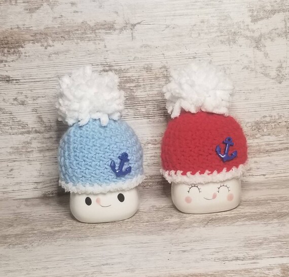 Nautical Baby Blue Crochet Marshmallow Mug Beanie Hat with Fluffy Brim and Anchor Button
