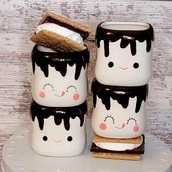 Set of Four 2.75" Mini Ceramic Marshmallow Mugs w/ Dipped Chocolate and Kawaii Faces for Crochet Marshmallow Mug Hats, Toppers, Tiered Trays