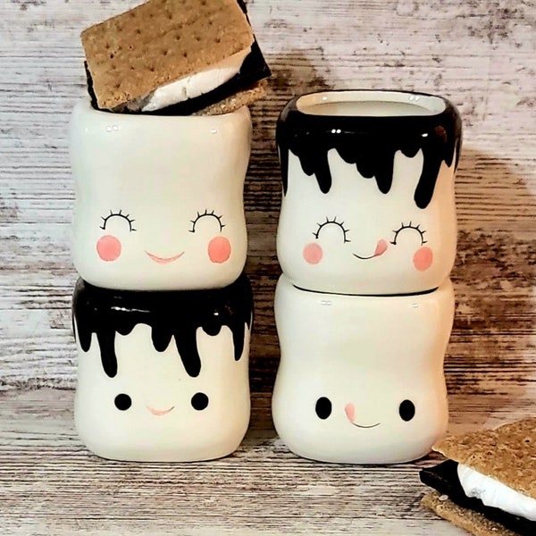 One or Two Mini Ceramic Marshmallow Mugs w/ Dipped Chocolate and Kawaii Faces for Crochet Marshmallow Mug Hats, Toppers, Tiered Trays