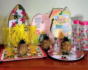 Pineapple Tropical Party Summer Decor with Trays, Drinkware, Ice Cube Tray, Table, & Wall Decor