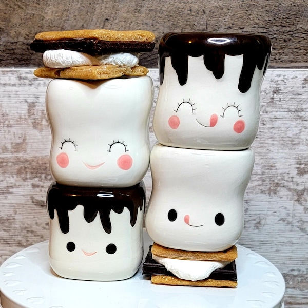 Imperfect 2.75" Ceramic Marshmallow Mugs with Dipped Chocolate and Kawaii Faces for Crochet Marshmallow Mug Hats, Mug Toppers, & Tiered Tray