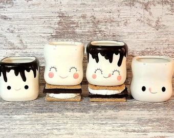 Set of Four 2.75" Mini Ceramic Marshmallow Mugs w/ Dipped Chocolate and Kawaii Faces for Crochet Marshmallow Mug Hats, Toppers, Tiered Trays