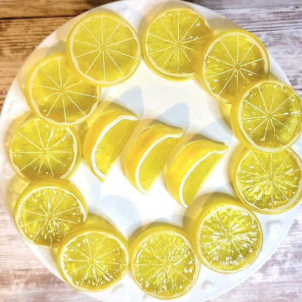 Set of Three Faux Lemon Slices or Wedges for Farmhouse Decor, Fake Bake, Fake Food, Tiered Trays, and 180D Hot Chocolate Mugs