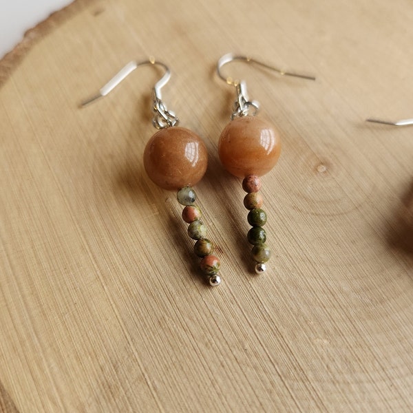 Peach Quartz + Unakite gemstone Earring/ Earth + Fire Stone Earring/ Spherical Gemstone Earring