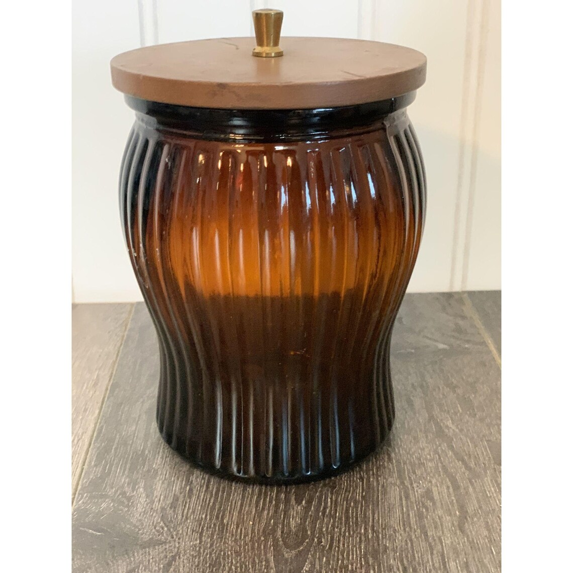 Vintage Brown Ribbed Glass Tobacco Jar With Wooden Lid Etsy