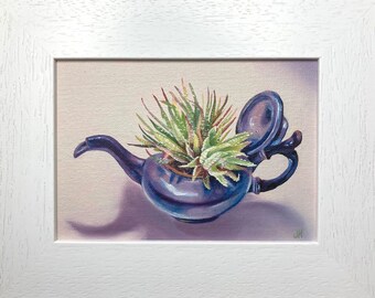Zebra Cactus in Pewter Teapot original oil painting in white wood frame