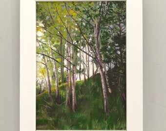 Silver Birches original oil painting in a white wood frame