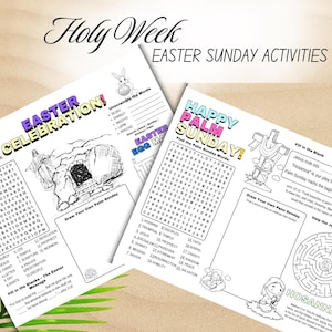 May include: A printable worksheet with activities for kids to celebrate Easter Sunday. The worksheet includes a word search, a maze, and a drawing activity. The worksheet is decorated with colorful illustrations of a bunny, a cross, and a palm tree.
