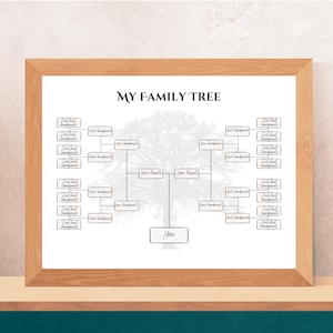 May include: A framed family tree chart with the text "MY FAMILY TREE" at the top. The chart has a tree graphic in the center with boxes for family members. The frame is made of light brown wood.