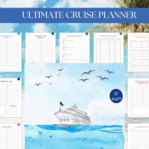 Może przedstawiać: Planer rejsu z niebieskim banerem z napisem "ULTIMATE CRUISE PLANNER". Planer zawiera strony z listami pakowania, planowaniem strojów, śledzeniem płatności i nie tylko. Ilustracja statku wycieczkowego i mew.