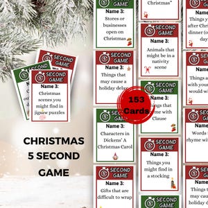 Puede incluir: Un juego de mesa "Christmas 5 Second Game" con 153 cartas. Las cartas son rojas y verdes, con preguntas sobre la Navidad. El título del juego se muestra en letras grandes y en negrita. El fondo incluye una rama nevada festiva.