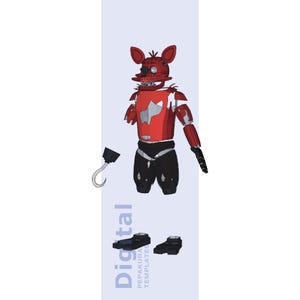 May include: A digital template of a red and white fox-like character with a black hook and black pants. The character has a torn chest and a robotic appearance. The text "Digital Pepakura Templates" is visible.