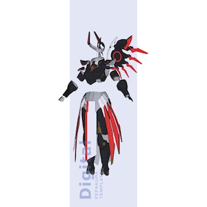 Puede incluir: Plantilla digital de Pepakura de un diseño de robot futurista. El robot presenta una combinación de colores negro y rojo con detalles intrincados. El diseño incluye cabeza, torso, brazos y piernas, con el texto "Digital" y "Pepakura Template".