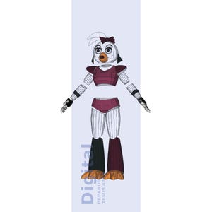 Puede incluir: Ilustración digital de un personaje de pollo antropomórfico estilizado. El personaje está representado en una combinación de colores granate y blanco, con un lazo y una apariencia robótica. La imagen incluye la palabra "Digital" y "PEPAKURA TEMPLAT".