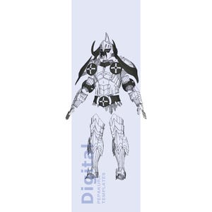 Könnte beinhalten: Eine digitale Vorlage einer Rüstung mit einem Helm mit Hörnern, Schulterpolstern und segmentierter Beinrüstung. Das Design ist hauptsächlich weiß mit schwarzen Akzenten und kreuzförmigen Details. Das Wort "Digital" und "PEPAKURA TEMPLATES" sind auf der Seite aufgedruckt.