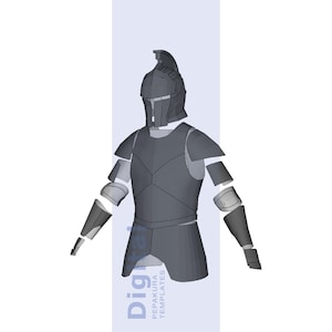 Könnte beinhalten: Eine graue, 3D-gerenderte Mandalorianer-Rüstung, einschließlich Helm, Brustplatte, Schulterpolstern sowie Arm- und Beinteilen. Die Rüstung ist segmentiert, was auf eine Vorlage oder ein Modell zur Montage hindeutet. Das Bild enthält den Text "Digital Pepakura Templates".