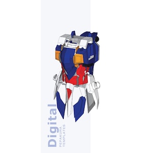 Puede incluir: Modelo 3D de un torso de robot, con paneles azules, rojos, blancos y naranjas. El dise&ntilde;o es angular y geom&eacute;trico, con la palabra "Digital" y "PEPAKURA TEMPLATES" impresas verticalmente en el lado izquierdo.