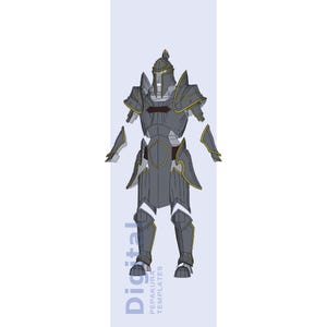 Puede incluir: Ilustración digital de una armadura de caballero gris y dorada. La armadura incluye un casco, hombreras, peto, protectores de brazos y perneras. El texto "Digital" y "PEPAKURA TEMPLATES" es visible en el lado izquierdo de la imagen.