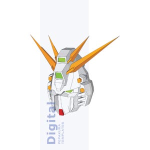 Puede incluir: Ilustraci&oacute;n digital de una cabeza de robot, en blanco y gris con detalles en naranja y verde. La cabeza tiene rasgos angulares y puntiagudos de color naranja. El texto "Digital" y "PEPAKURA TEMPLATES" est&aacute; impreso verticalmente a la izquierda.