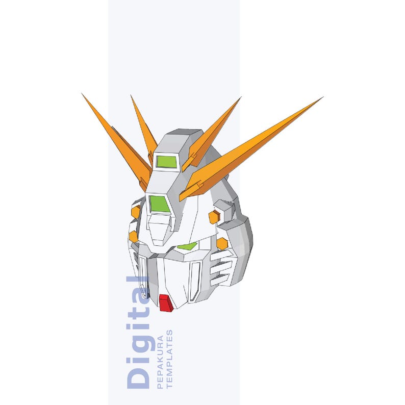 Puede incluir: Ilustraci&oacute;n digital de una cabeza de robot, en blanco y gris con detalles en naranja y verde. La cabeza tiene rasgos angulares y puntiagudos de color naranja. El texto "Digital" y "PEPAKURA TEMPLATES" est&aacute; impreso verticalmente a la izquierda.