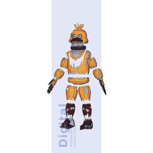 Puede incluir: Una plantilla digital de Pepakura de un personaje en naranja y marrón. El personaje tiene una cabeza de pájaro con dientes visibles y un babero blanco. El cuerpo está segmentado en piezas, con las palabras "Digital" y "Pepakura Template" visibles.