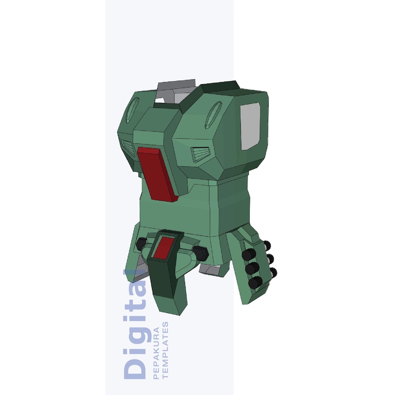 Pu&ograve; includere: Modello 3D di un torso robotico verde e rosso. Il modello ha una forma rettangolare con vari dettagli geometrici, tra cui un pannello rosso e una sezione grigia nella parte superiore. Il testo "Digital" e "PEPAKURA TEMPLATES" &egrave; visibile.