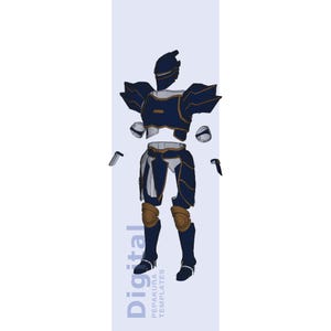Puede incluir: Un conjunto de plantillas digitales de armadura con un esquema de colores azul oscuro y dorado. Los componentes incluyen un casco, peto, hombreras, piezas para los brazos, armadura de piernas y rodilleras. El texto Digital Pepakura Templates es visible.