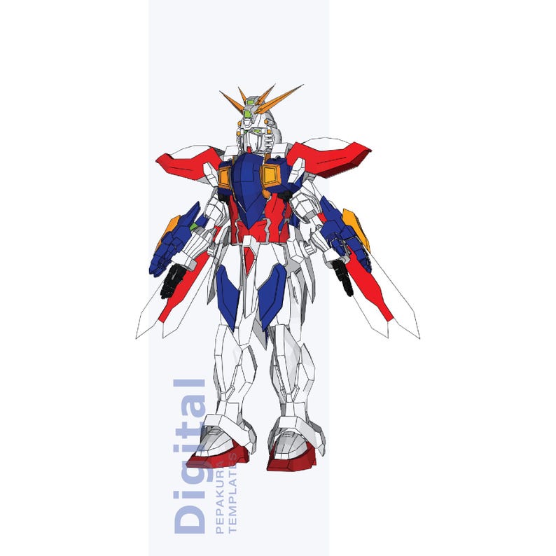 Puede incluir: Ilustraci&oacute;n digital de un robot Gundam, con una combinaci&oacute;n de colores rojo, blanco, azul y amarillo. El robot tiene un dise&ntilde;o detallado con alas y una armadura intrincada. La palabra "Digital" est&aacute; impresa verticalmente a la izquierda.